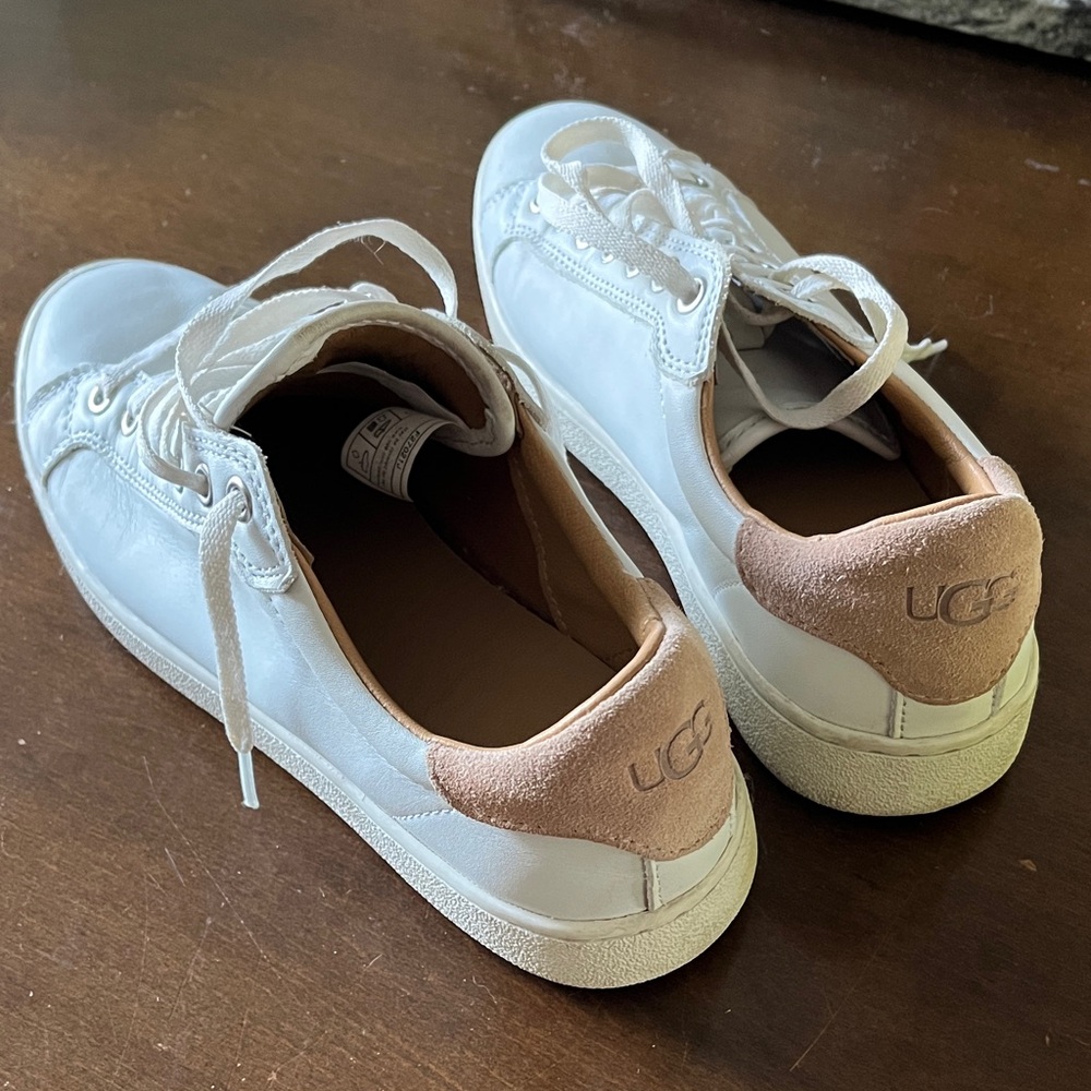 UGG White Leather Sneakers with Blush Suede Heel